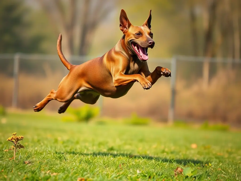 Un retrato realista y detallado de un Ridgeback saltando