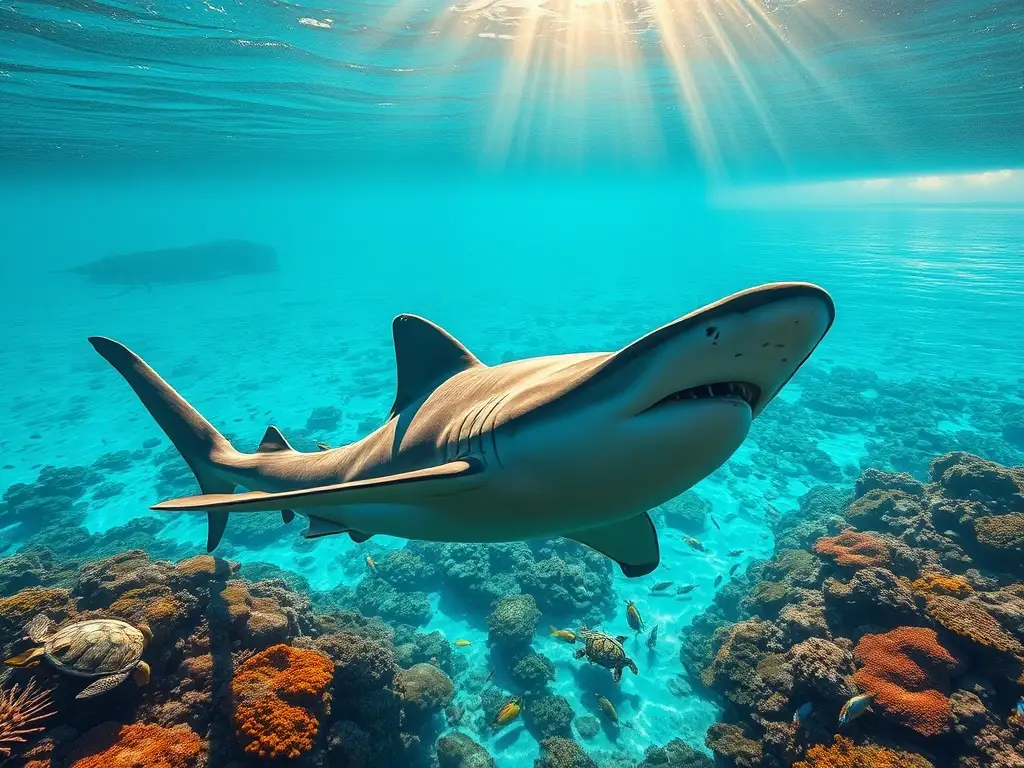 Tiburón martillo sobre aguas cristalinas tropicales