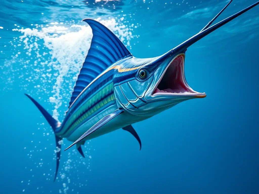 Una fotorealista de un sailfish azul atrapado mid-leap