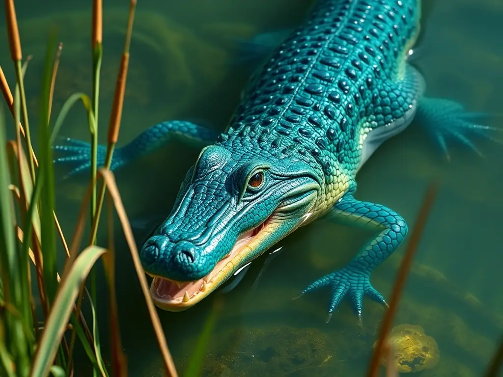Photorealistic rendering of a caiman gliding in pristine water