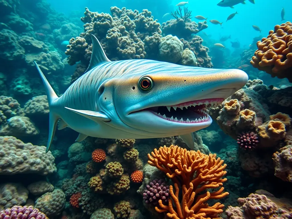 Fotorealistic image of a Tiburón Boquiancho in a coral reef