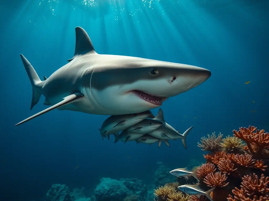 Tiburón boquiancho madre con crías bajo coral