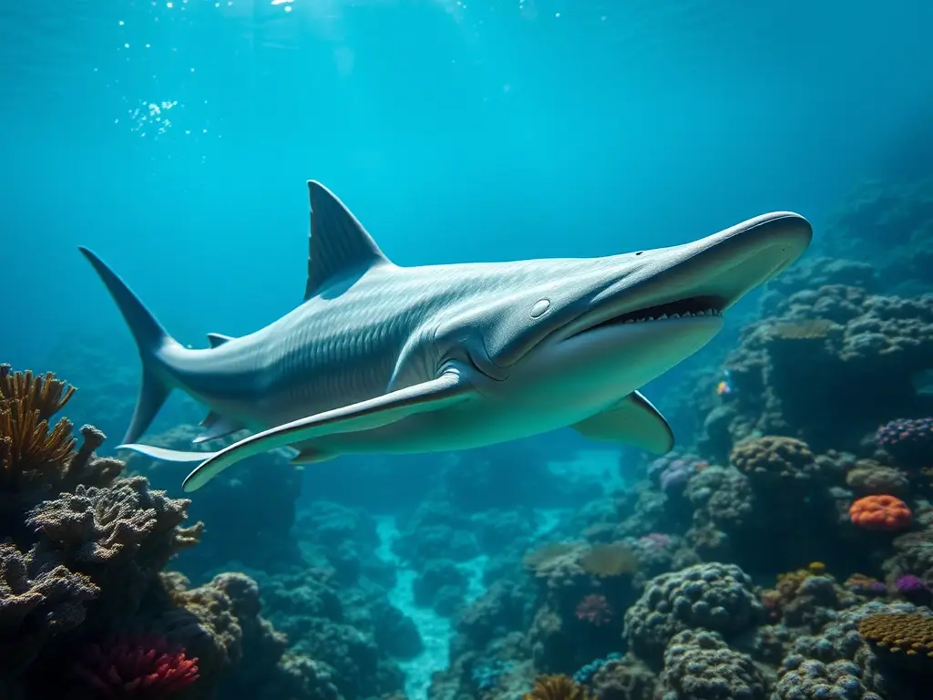 Imagen realista de un Tiburón Boquiancho en un coral vibrante