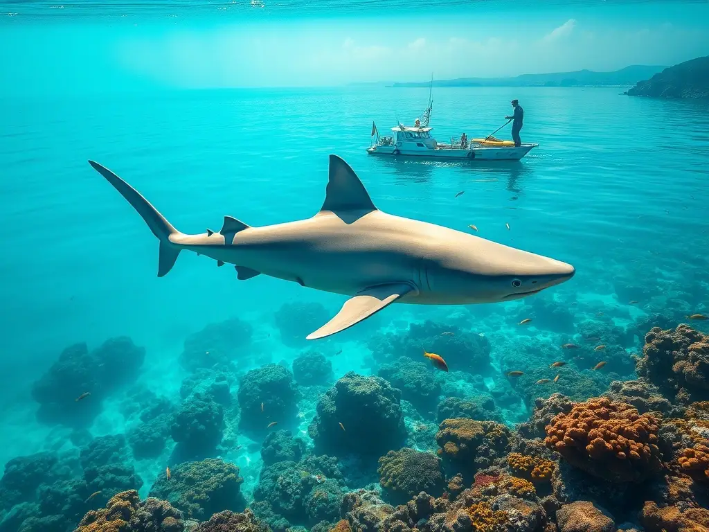 Tiburón glida entre coral mientras científicos observan