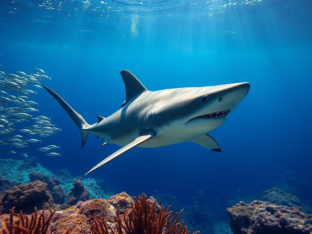 Tiburón tintorera nadando, rodeado de sardinas