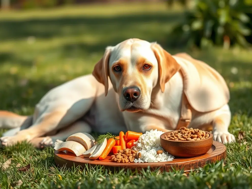 Labrador embarazada reposa con comida saludable