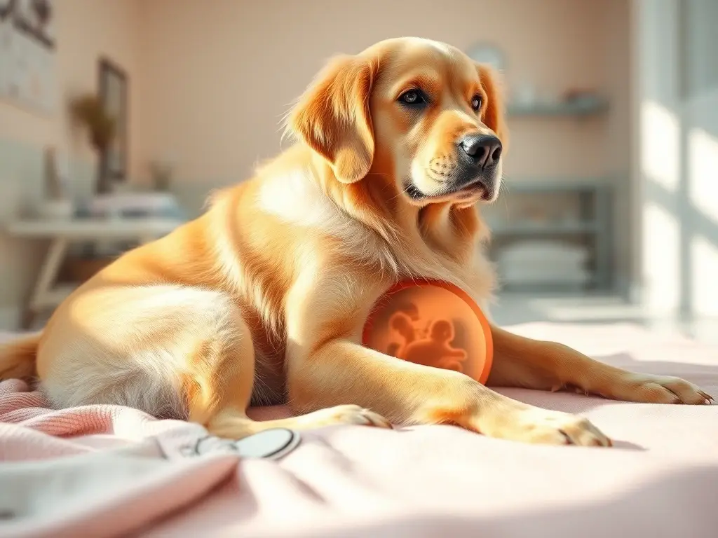 Golden retriever gestante en clínica iluminada