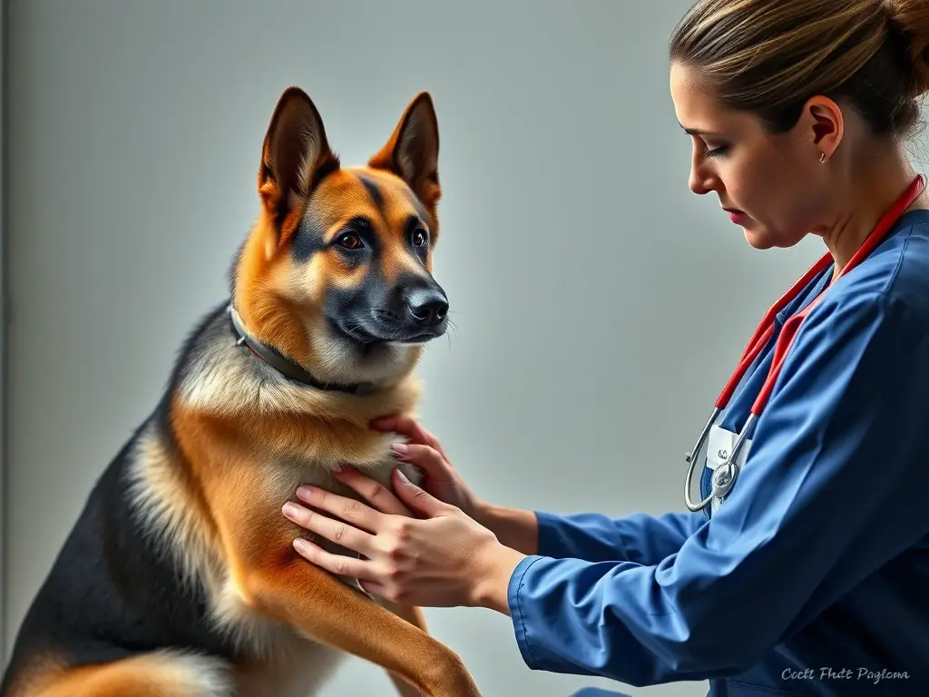 Foto de un veterinario examinando a una perra gestante con atención