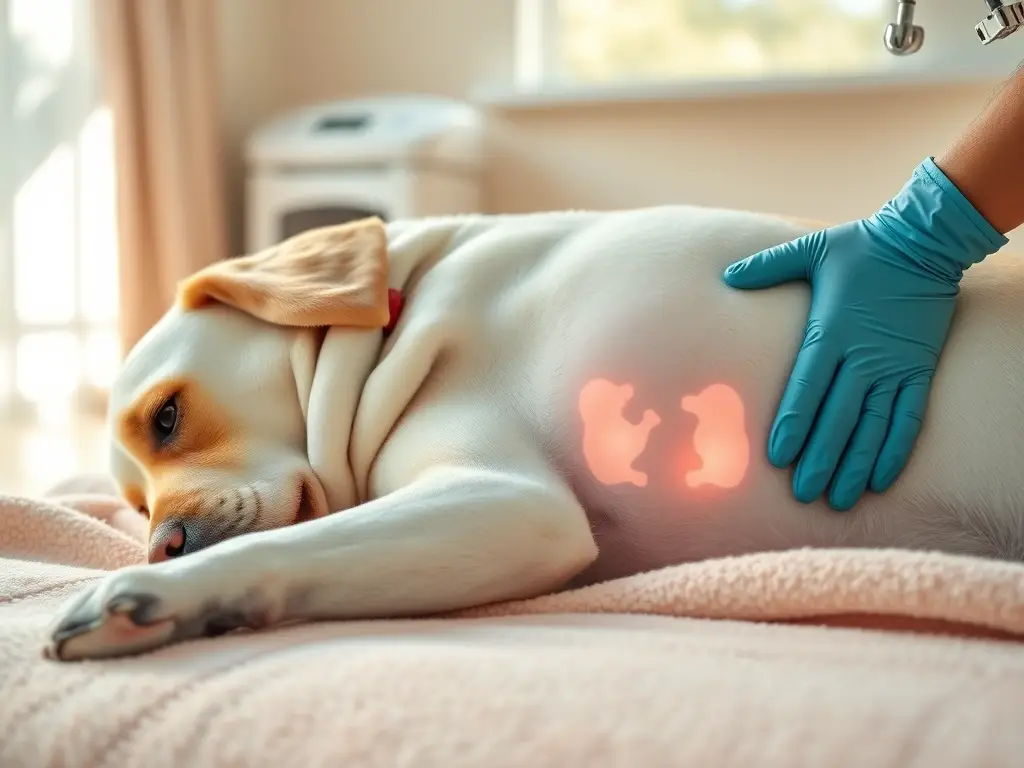 Labrador embarazada en clínica, vet acaricia