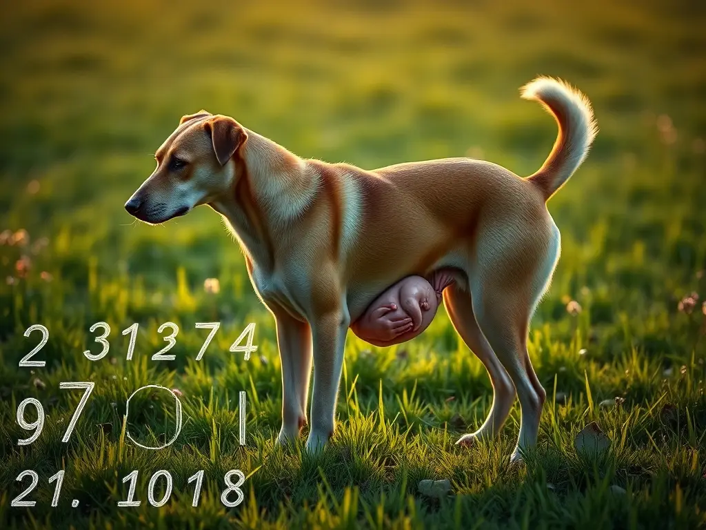 Fotografía realista de una perrita gestante en un campo verde