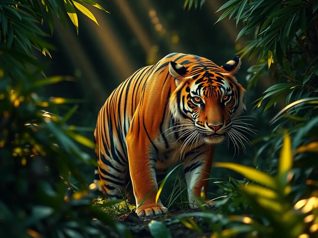 Tigre de Bengala acecha en selva tropical