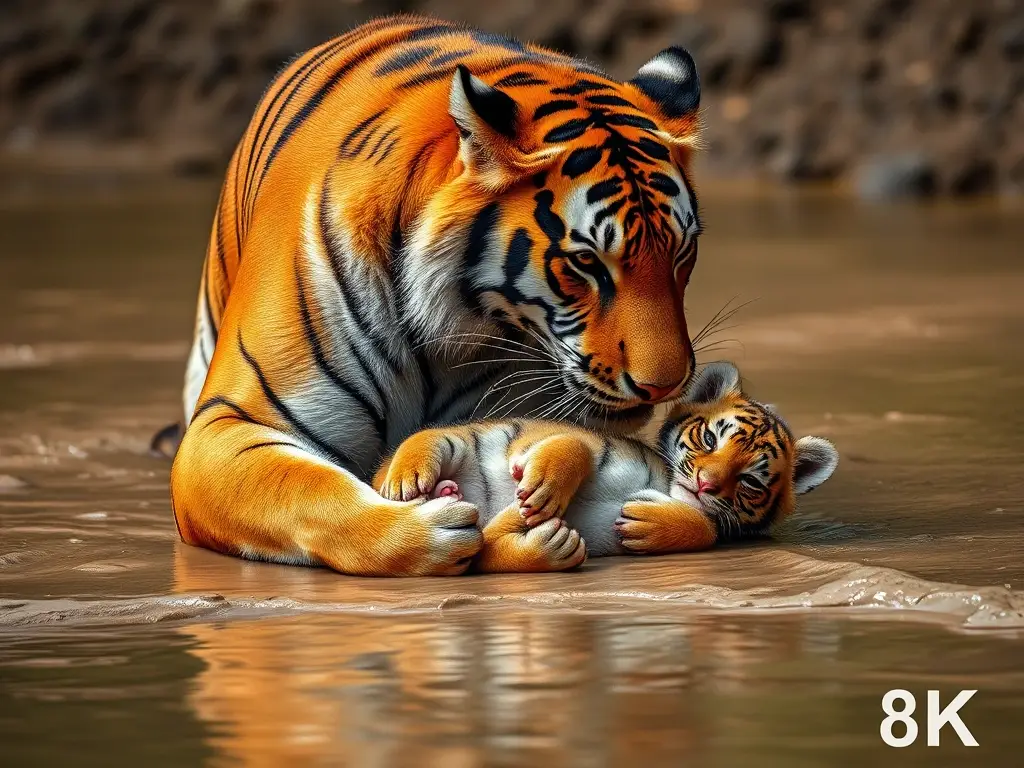 Foto realista de una madre tigre alimentando a su cachorro en un riachuelo