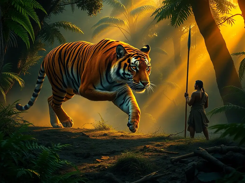 Tigre enorme enfrenta a humano al amanecer