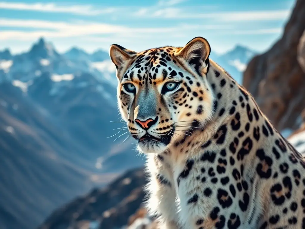 Un retrato realista y vívido de un leopardo de nieve en un paisaje montañoso