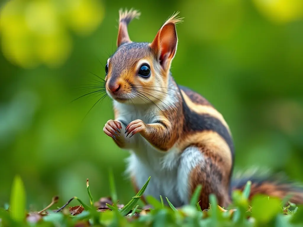 Foto realista de ardilla con fur natural en un ambiente verde brillosa