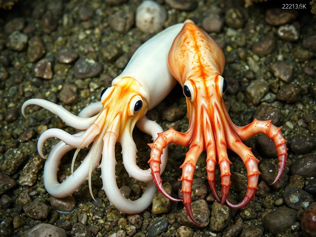 Fotografía realista de calamares en un fondo rocoso