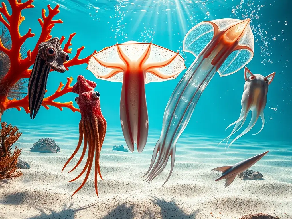 Cuatro calamares únicos en escena fotorealista