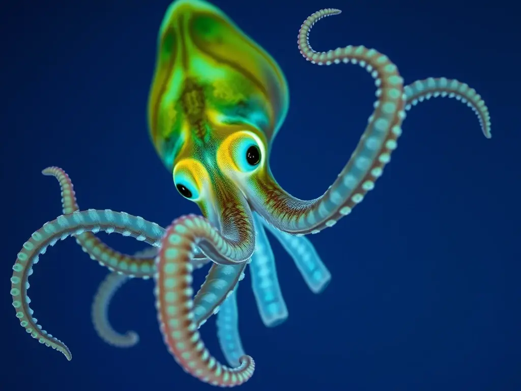 Photorealistic bioluminescent squid en un conclave de biología marina