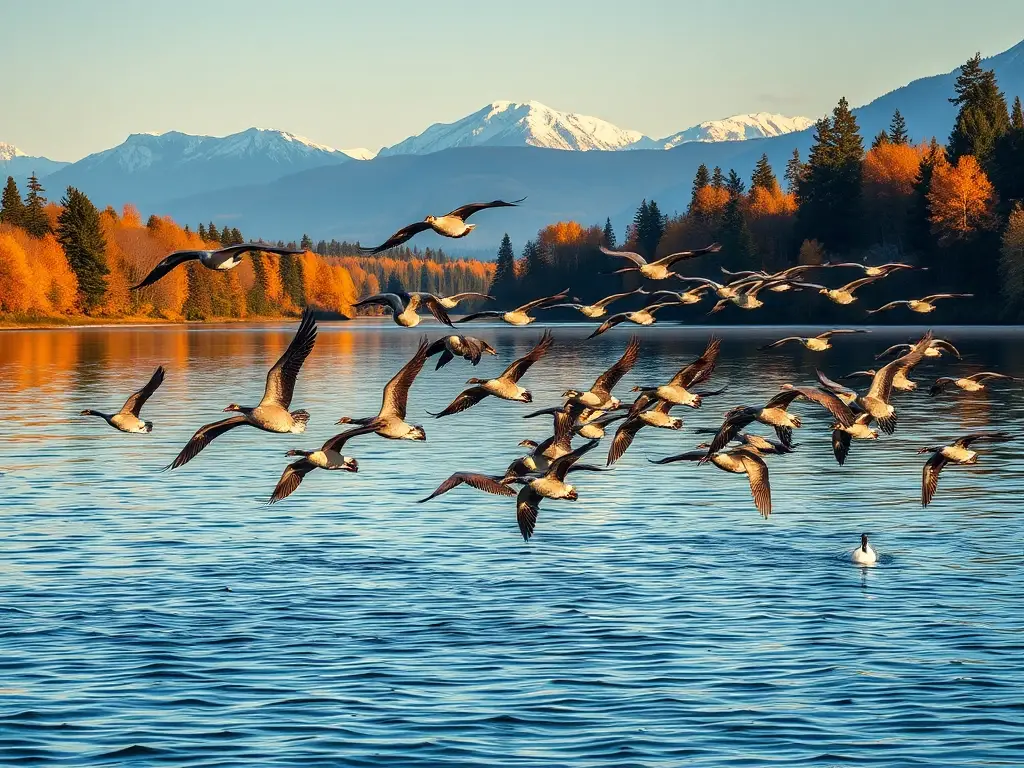 Gansos V sobre lago otoñal canadiense