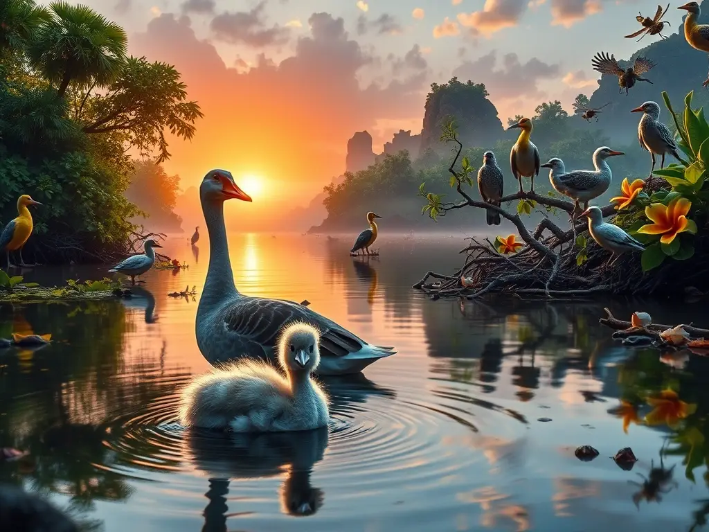 Ilustración fotorrealista de humedal tropical al amanecer