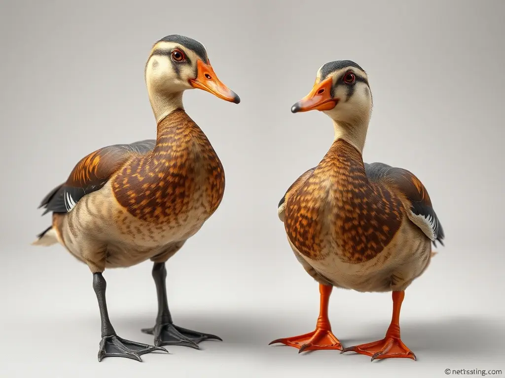 Foto realista de dos patos Nené y Ganso del Nilo, color, plumas detalladas