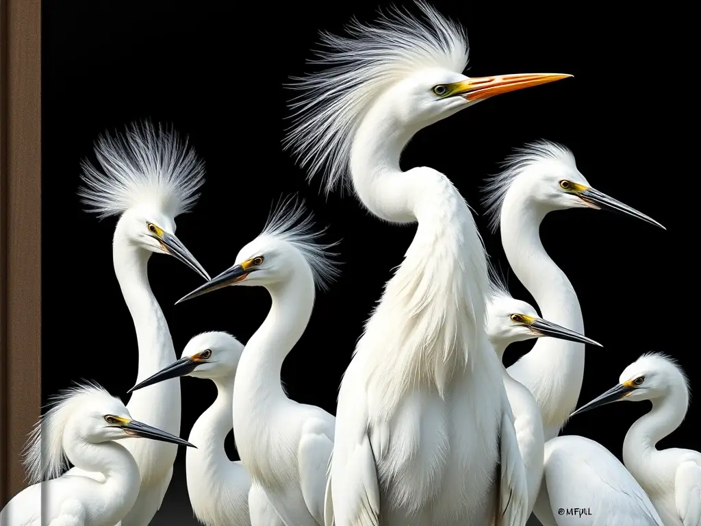 Illustration realista de La Garceta Común, con egretos blancos, en 8k