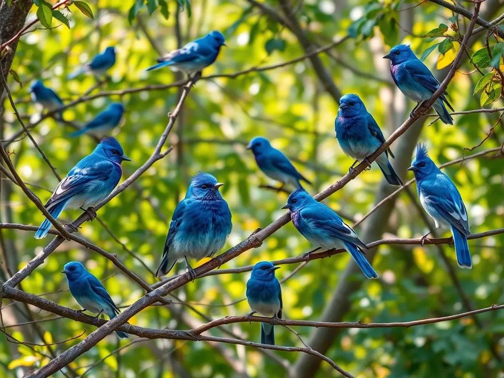 Es una foto real de pájaros azules en un bosque