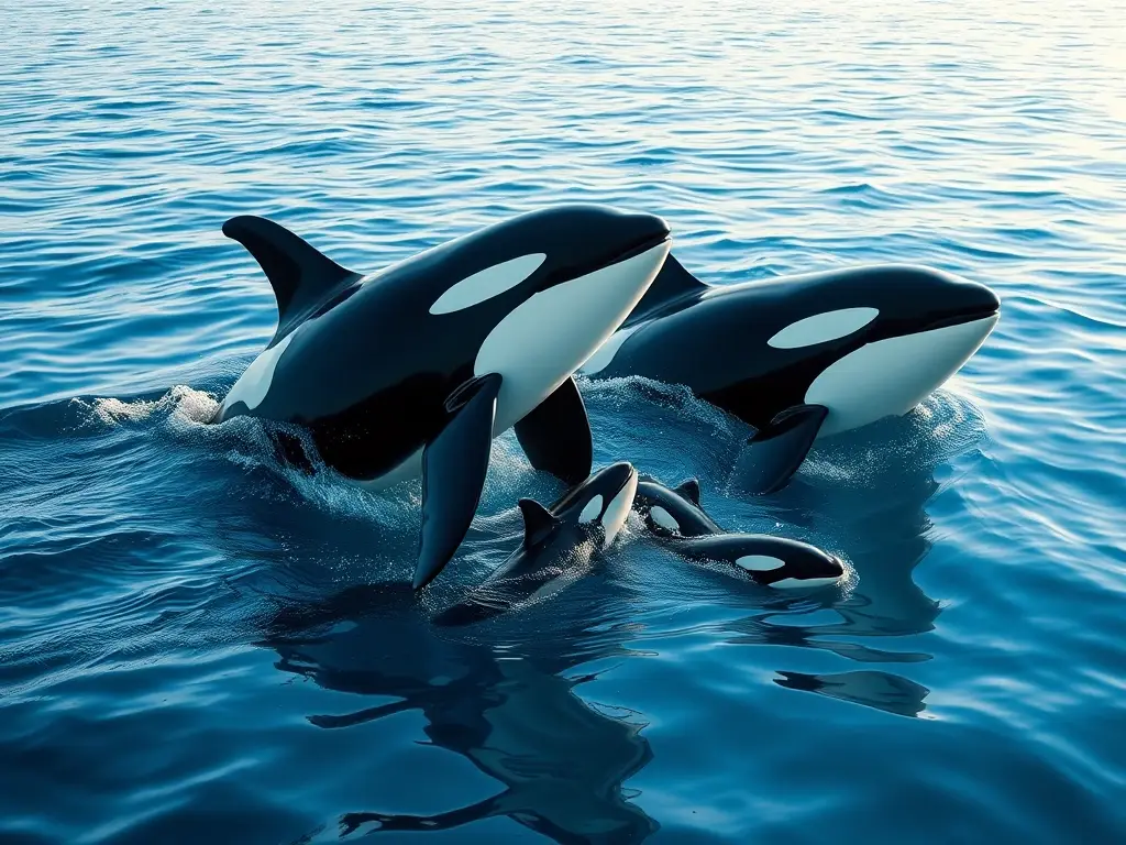 Un boceto realista de orcas salvaje con interacción, sin intervención humana