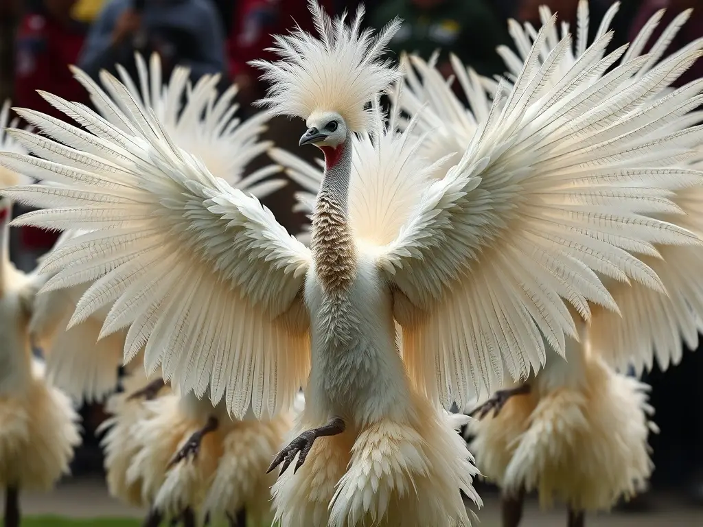 Un majestuoso grupo de plumas nupciales danzando con vuelo vibrante