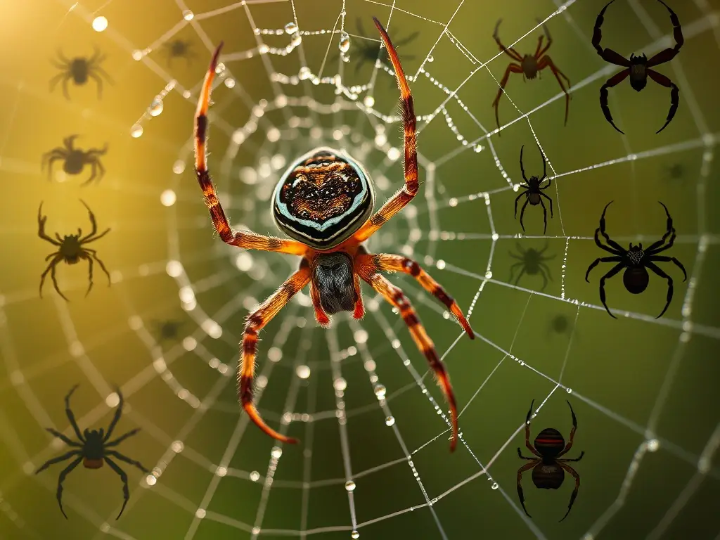 Araña orb‑weaver sobre telaraña perlada, siluetas