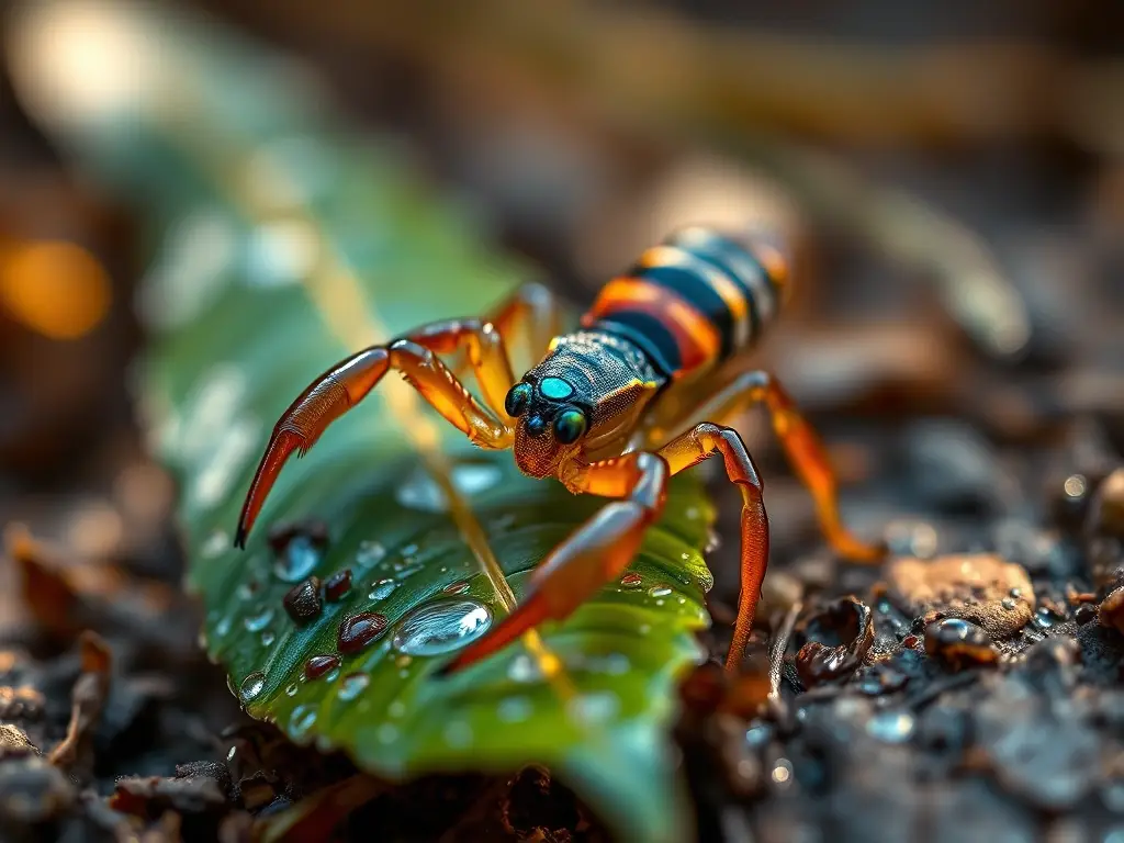 Macro hiperrealista de pseudoscorpión brillante en hoja