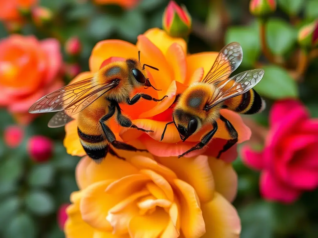 Photorealistic image of Chilean Rose Bees around Azteca roses in a rainforest