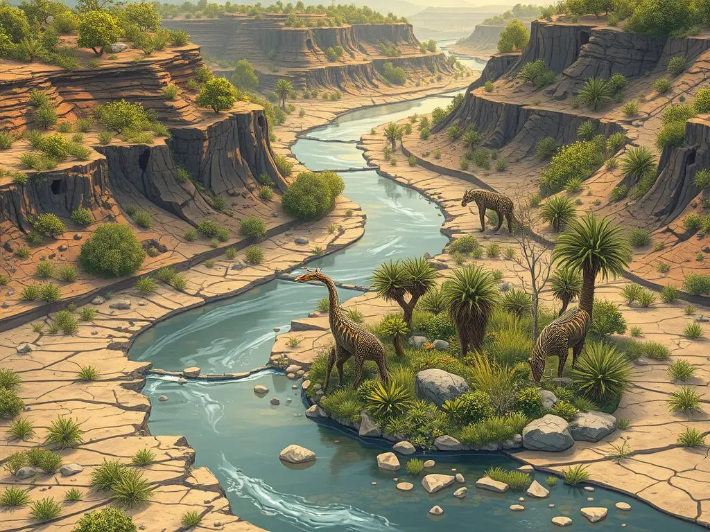 Illustration de un oasis florido en un río seco, con detalles y alta resolución