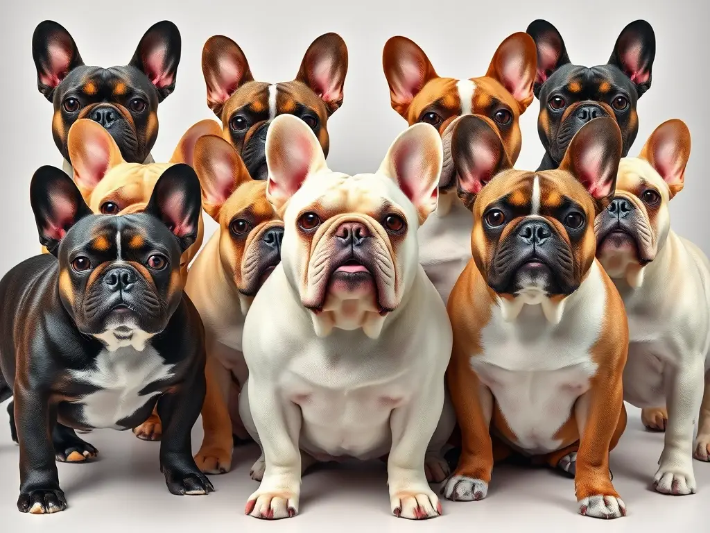 Un retrato fotográfico realista del grupo de French Bulldogs con patrones de colores detallado