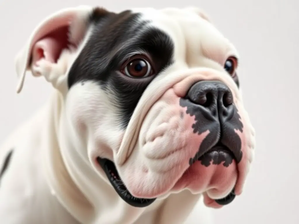 Fotorealistic cover de un Bulldog francés blanco con manchas negras, sin texto ni logos