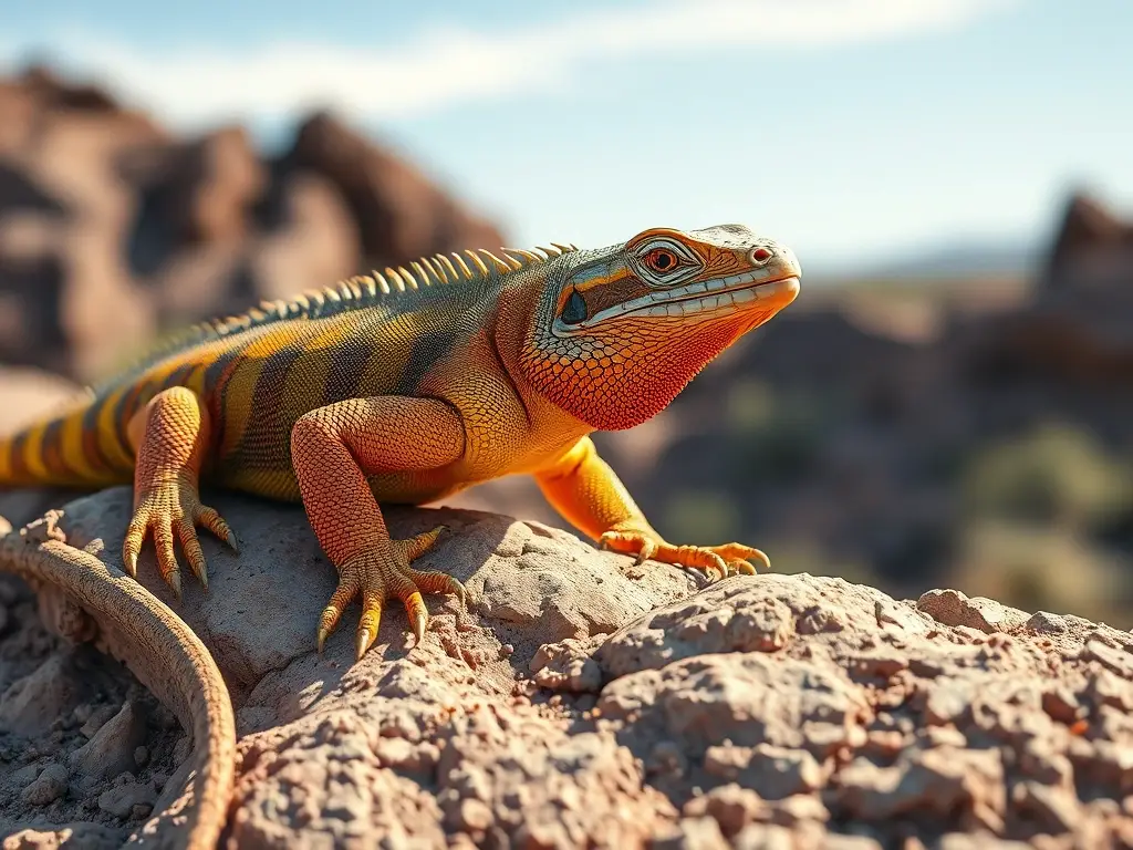 Fotografía realista de una iguana de tierra con colores vívidos en un enclave rocoso