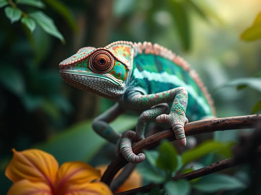 Imagen realista de chameleon en hábitat de jungla, 8K