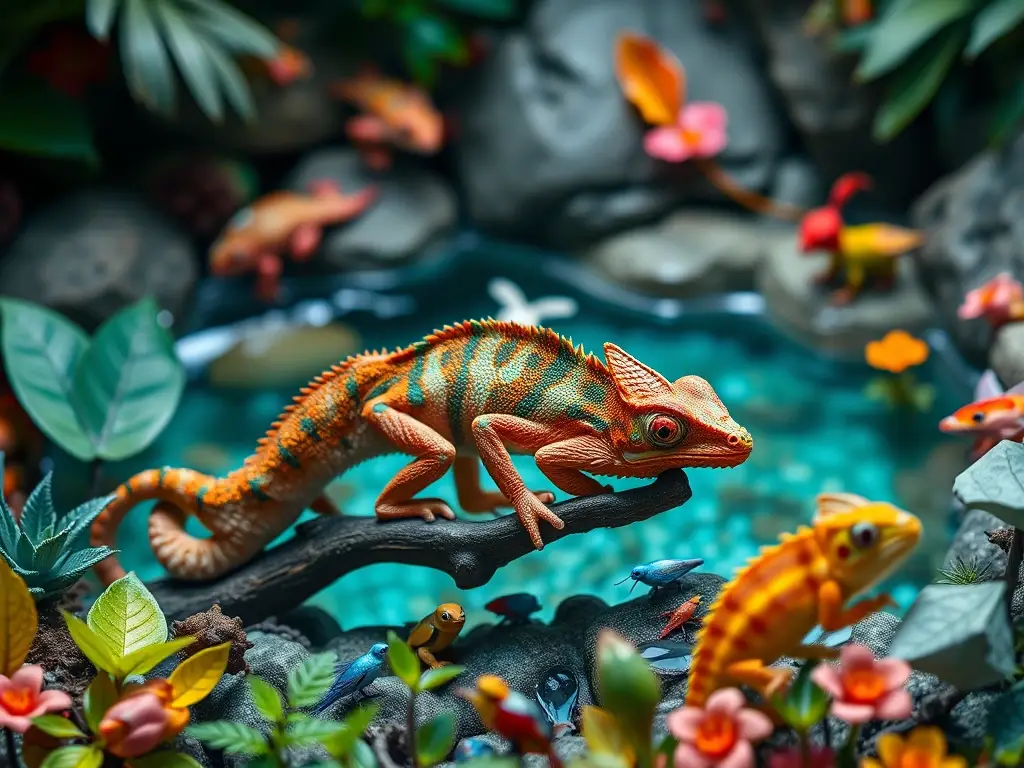 Un paisaje imprensado en detalle de camaleones miniáutures