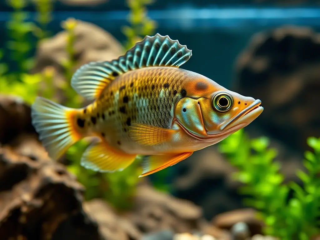 Fotografía realista de Corydoras adolfoi en tanque con plantas