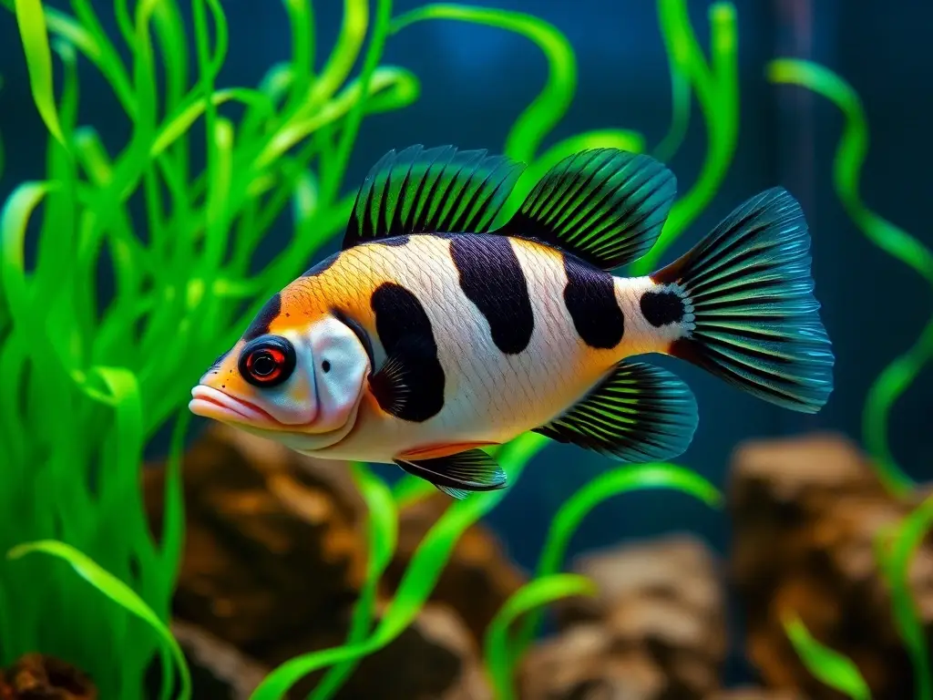 Foto de un pez Corydoras Panda realista y detallado en un acuario con vegetación