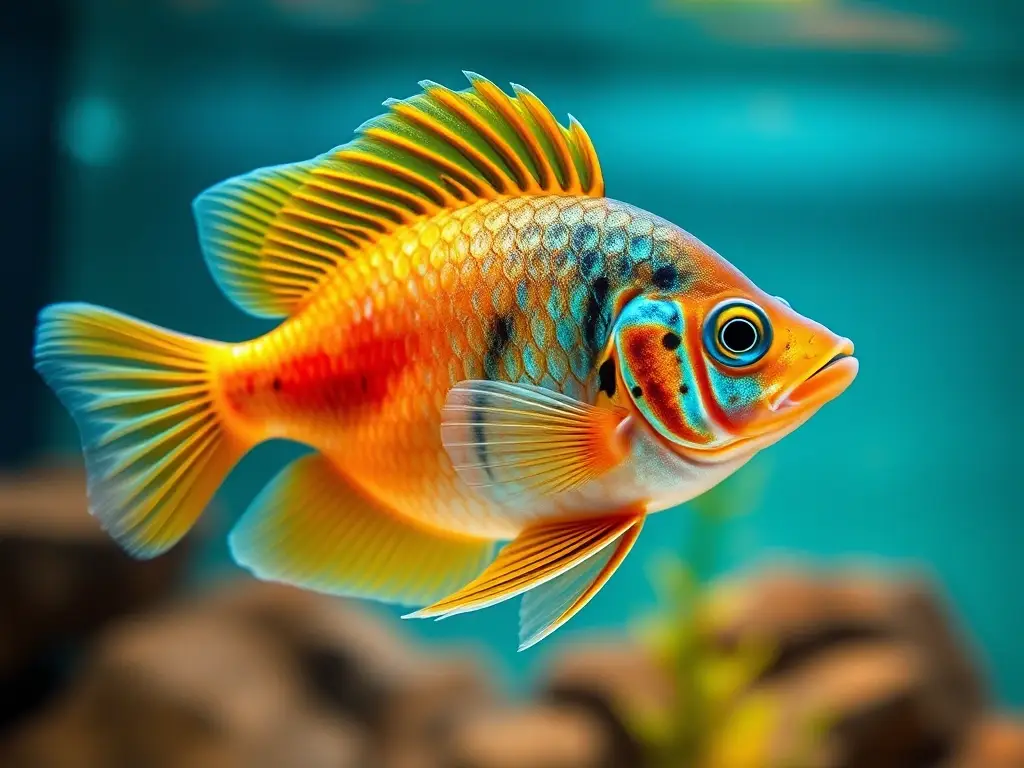 Un fotorealista preciso de un Corydoras Pigmea nadando en un acuario