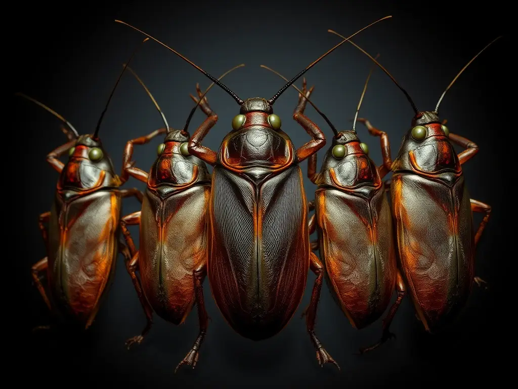 Fotografía realista de seis roaches colossales, detalladamente ilustradas