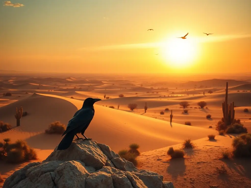 Cuervo solitario en desierto al atardecer