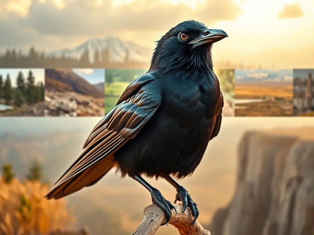 Cuervo majestuoso sobre rama, fondos de hábitats