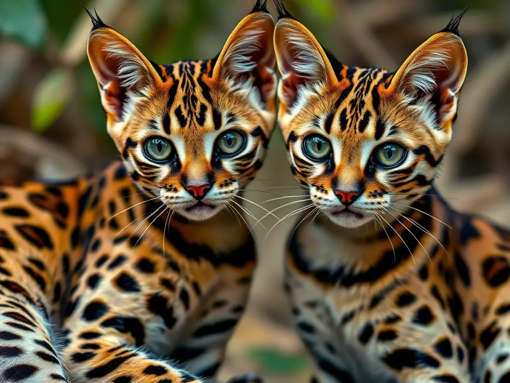 Fotografía realista de un par de gatos de pintada africana en un entorno natural