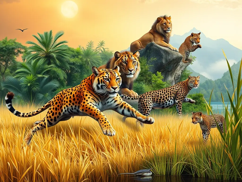 Portada fotorrealista de felinos en hábitats