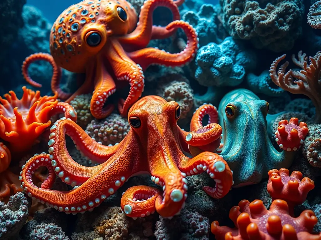 Guía de octopuses y cuttlefish con coral en 8K, detalladamente