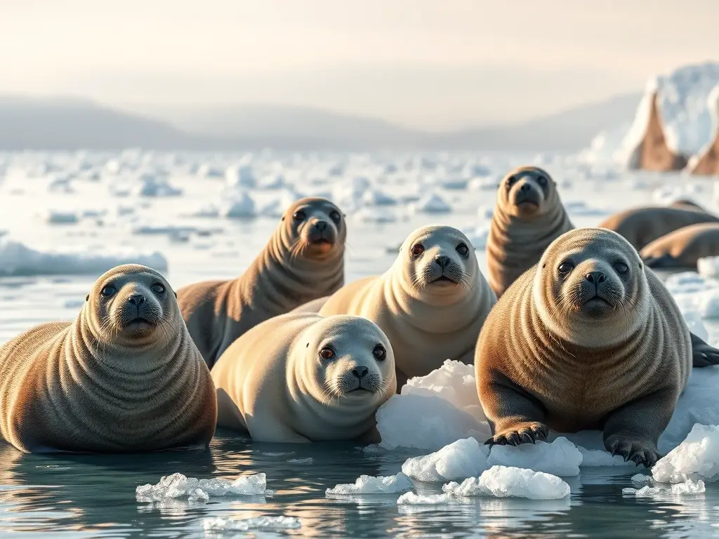 Sellos árticos fotorealistas en costa helada