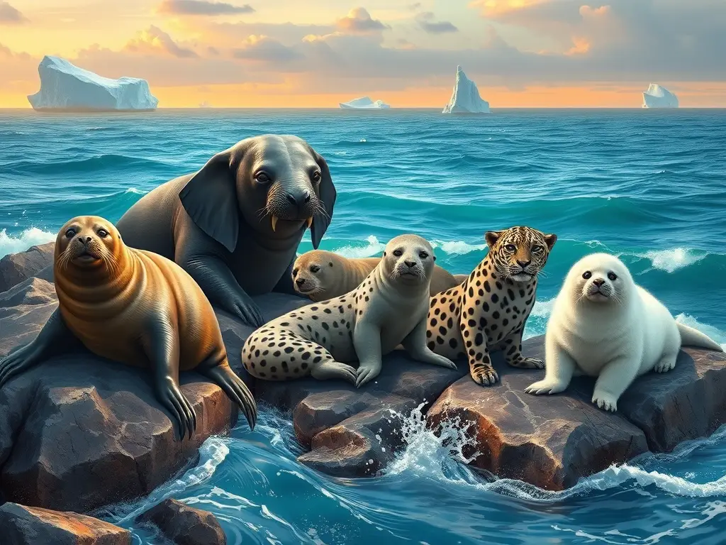 Ilustración fotorrealista de varias focas costeras