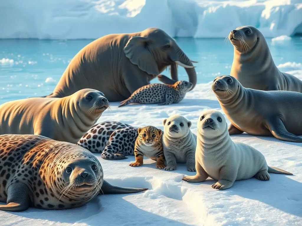 Sellos antárticos sobre hielo al amanecer